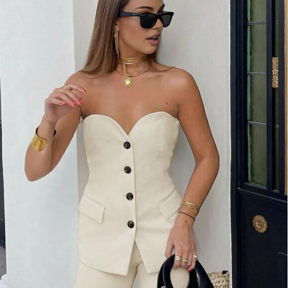 Commense Cream Strapless Corset Tube Top with Button Details‎ size S - Picture 1 of 14